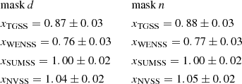 $$ \begin{aligned} \begin{aligned}&\mathrm{mask} \,d\\&x_{\mathrm{TGSS} }=0.87\pm 0.03\\&x_{\mathrm{WENSS} }=0.76\pm 0.03\\&x_{\mathrm{SUMSS} }=1.00\pm 0.02\\&x_{\mathrm{NVSS} }=1.04\pm 0.02\\ \end{aligned} \qquad \begin{aligned}&\mathrm{mask} \,n\\&x_{\mathrm{TGSS} }=0.88\pm 0.03\\&x_{\mathrm{WENSS} }=0.77\pm 0.03\\&x_{\mathrm{SUMSS} }=1.00\pm 0.02\\&x_{\mathrm{NVSS} }=1.05\pm 0.02\\ \end{aligned} \end{aligned} $$