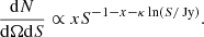 $$ \begin{aligned} \frac{\mathrm{d}N}{\mathrm{d}\Omega \mathrm{d}S}\propto xS^{-1-x-\kappa \ln (S/\text{ Jy})}. \end{aligned} $$