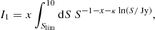 $$ \begin{aligned} I_1&= x\int _{S_{\rm lim}}^{10}\mathrm{d}S~S^{-1-x-\kappa \ln (S/\text{ Jy})},\end{aligned} $$