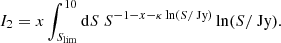 $$ \begin{aligned} I_2&= x\int _{S_{\rm lim}}^{10}\mathrm{d}S~S^{-1-x-\kappa \ln (S/\text{ Jy})}\ln (S/\text{ Jy}). \end{aligned} $$