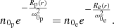 $$ \begin{aligned} n_{0_{\rm p}}e^{-\frac{R_{\rm p}(r)}{\omega _{0_{\rm p}}^{2}}}=n_{0_{\rm e}}e^{-\frac{R_{\rm e}(r)}{\omega _{0_{\rm e}}^{2}}}. \end{aligned} $$