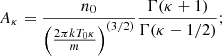 $$ \begin{aligned} A_{\kappa }=\frac{n_{0}}{\left(\frac{2\pi kT_{0}\kappa }{m}\right)^{(3/2)}}\frac{\Gamma (\kappa +1)}{\Gamma (\kappa -1/2)}; \end{aligned} $$