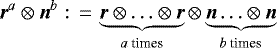 \begin{equation*} \vec{r}^a\otimes\vec{n}^b :\,{=}\, \underbrace{\vec{r}\otimes \ldots\otimes\vec{r}}_{a\text{ times}}\otimes \underbrace{\vec{n} \ldots\otimes \vec{n}}_{b\text{ times}} \end{equation*}