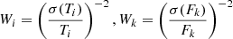 $$ \begin{aligned} W_i = \left( \frac{\sigma (T_i)}{T_i} \right)^{-2},W_k = \left( \frac{\sigma (F_k)}{F_k} \right)^{-2} \end{aligned} $$