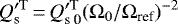 \begin{equation*}Q^{\prime \rm T}_{\textrm{s}}\,{=}\,Q_{\textrm{s 0}}^{\prime \rm T} (\Omega_{0}/\Omega_{\textrm{ref}}){}^{-2}\end{equation*}