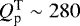 $Q^{\textrm{T}}_{\textrm{p}} \sim 280$