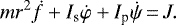 \begin{equation*}m r^{2} \dot{f} + I_{\textrm{s}} \dot{\varphi} + I_{\textrm{p}} \dot{\psi}\,{=}\,J.\end{equation*}