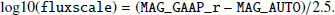 $$ \begin{aligned} \log \!10(\mathtt {fluxscale} ) = (\mathtt {MAG\_GAAP\_r} - \mathtt {MAG\_AUTO} ) / 2.5. \end{aligned} $$
