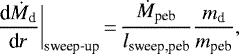 \begin{equation*}\frac{\textrm{d}\dot{M}_{\textrm{d}}}{\textrm{d}r}\bigg|_{\textrm{sweep-up}}\,{=}\,\frac{\dot{M}_{\textrm{peb}}}{l_{\textrm{sweep,peb}}} \frac{m_{\textrm{d}}}{m_{\textrm{peb}}},\end{equation*}