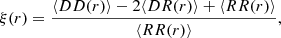 $$ \begin{aligned} \xi (r)= \frac{\langle DD(r) \rangle - 2 \langle DR(r) \rangle + \langle RR(r) \rangle }{\langle RR(r) \rangle } , \end{aligned} $$