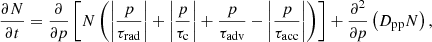 $$ \begin{aligned} {{\partial N}\over {\partial t}} = {{\partial }\over {\partial p}} \left[N\left(\left|{{p}\over {\tau _{\rm rad}}}\right| + \left|{{p}\over {\tau _{\rm c}}}\right| + {{p}\over {\tau _{\rm adv}}} - \left|{{p}\over {\tau _{\rm acc}}}\right| \right) \right] + {{\partial ^2}\over {\partial p}} \left(D_{\rm pp} N \right), \end{aligned} $$