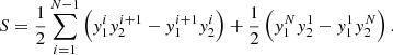 $$ \begin{aligned} S = \frac{1}{2} \sum \limits _{i=1}^{N-1}\left(y_1^i y_2^{i+1} - y_1^{i+1}y_2^i\right) + \frac{1}{2} \left(y_1^N y_2^1 - y_1^1 y_2^N\right). \end{aligned} $$