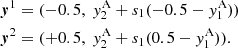 $$ \begin{aligned} \boldsymbol{y}^1&= (-0.5, \ y_2^\mathrm{A} + s_1 (-0.5 - y_1^\mathrm{A})) \\ \boldsymbol{y}^2&= (+0.5, \ y_2^\mathrm{A} + s_1 (0.5 - y_1^\mathrm{A})). \end{aligned} $$