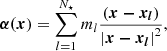 $$ \begin{aligned} \boldsymbol{\alpha (\boldsymbol{x}}) = \sum _{l=1}^{N_\star }m_l \frac{\left( \boldsymbol{x - x_l} \right)}{\left| \boldsymbol{x -\boldsymbol{x_l}} \right| ^{2}}, \end{aligned} $$