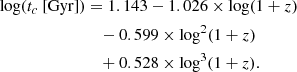 $$ \begin{aligned} \log (t_c \ [\mathrm{Gyr}])&= 1.143 - 1.026 \times \log (1+z)\\&\quad - 0.599 \times \log ^2 (1+z)\\&\quad + 0.528 \times \log ^3 (1+z). \end{aligned} $$