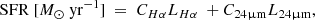 $$ \begin{aligned} \mathrm{SFR} \ [{M_{\odot } \ \mathrm{yr}^{-1}}] \ = \ C_{H\alpha } L_{H\alpha } \ + C_{24\upmu \mathrm{m}} L_{24 \upmu \mathrm{m}} ,\end{aligned} $$
