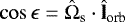 $\cos \epsilon = \hat{\Omega}_{\textrm{s}} \cdot \hat{\textbf{l}}_{\textrm{orb}}$
