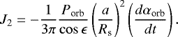 \begin{equation*}J_{2} = - \frac{1}{3\pi} \frac{P_{\textrm{orb}}}{\cos \epsilon} \left(\frac{a}{R_{\textrm{s}}} \right)^{2} \left(\frac{d \alpha_{\textrm{orb}}}{dt} \right).\end{equation*}
