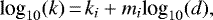 \begin{equation*}\text{log}_{10}(k)\,{=}\,k_i + m_i \text{log}_{10}(d),\end{equation*}