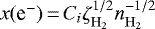 $x(\textrm{e}^{-}){\,{=}\,}C_{i}\zeta_{\mathrm{H}_{2}}^{1/2}n_{\mathrm{H}_{2}}^{-1/2}$