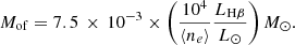 $$ \begin{aligned} M_{\rm of}=7.5\,\times \,10^{-3} \times \left(\frac{10^4}{\langle n_e \rangle }\frac{L_{\mathrm{H}\beta }}{L_\odot }\right) M_{\odot }.\end{aligned} $$