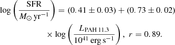 $$ \begin{aligned}&\log \left(\frac{\mathrm{SFR}}{{M}_{\odot }\,\mathrm{yr}^{-1}}\right)=(0.41 \pm 0.03)+(0.73 \pm 0.02)\nonumber \\&\qquad \qquad \qquad \quad \times \log \left(\frac{L_{\rm PAH\,11.3}}{10^{41}\,\mathrm{erg\,s}^{-1}}\right),\,\,r=0.89. \end{aligned} $$