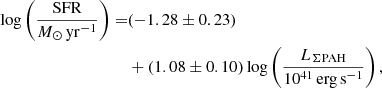 $$ \begin{aligned} \log \left(\frac{\mathrm{SFR}}{{M}_{\odot }\,\mathrm{yr}^{-1}}\right)=&(-1.28 \pm 0.23)\nonumber \\&+(1.08 \pm 0.10)\log \left(\frac{L_{\Sigma \mathrm{PAH}}}{10^{41}\,\mathrm{erg\,s}^{-1}}\right), \end{aligned} $$