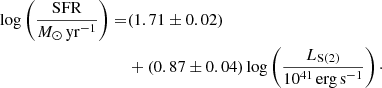 $$ \begin{aligned} \log \left(\frac{\mathrm{SFR}}{{M}_{\odot }\,\mathrm{yr}^{-1}}\right)=&(1.71 \pm 0.02)\nonumber \\&+(0.87 \pm 0.04)\log \left(\frac{L_{\rm S(2)}}{10^{41}\,\mathrm{erg\,s}^{-1}}\right)\cdot \end{aligned} $$