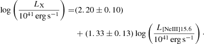 $$ \begin{aligned} \log \left(\frac{L_{\rm X}}{10^{41}\,\mathrm{erg\,s}^{-1}}\right)=&(2.20 \pm 0.10)\nonumber \\&+(1.33 \pm 0.13)\log \left(\frac{L_{\rm [NeIII]15.6}}{10^{41}\,\mathrm{erg\,s}^{-1}}\right)\cdot \end{aligned} $$