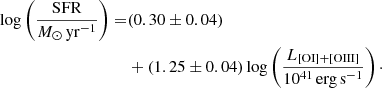 $$ \begin{aligned} \log \left(\frac{\mathrm{SFR}}{{M}_{\odot }\,\mathrm{yr}^{-1}}\right)=&(0.30 \pm 0.04)\nonumber \\&+(1.25 \pm 0.04) \log \left(\frac{L_{\rm [OI]{+}[OIII]}}{10^{41}\,\mathrm{erg\,s}^{-1}}\right)\cdot \end{aligned} $$
