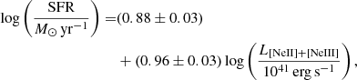 $$ \begin{aligned} \log \left(\frac{\mathrm{SFR}}{{M}_{\odot }\,\mathrm{yr}^{-1}}\right)=&(0.88 \pm 0.03)\nonumber \\&+(0.96 \pm 0.03) \log \left(\frac{L_{\rm [NeII]{+}[NeIII]}}{10^{41}\,\mathrm{erg\,s}^{-1}}\right), \end{aligned} $$