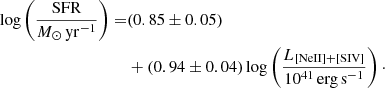 $$ \begin{aligned} \log \left(\frac{\mathrm{SFR}}{{M}_{\odot }\,\mathrm{yr}^{-1}}\right)=&(0.85 \pm 0.05)\nonumber \\&+(0.94 \pm 0.04) \log \left(\frac{L_{\rm [NeII]{+}[SIV]}}{10^{41}\,\mathrm{erg\,s}^{-1}}\right)\cdot \end{aligned} $$
