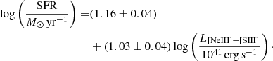 $$ \begin{aligned} \log \left(\frac{\mathrm{SFR}}{{M}_{\odot }\,\mathrm{yr}^{-1}}\right)=&(1.16 \pm 0.04)\nonumber \\&+(1.03 \pm 0.04) \log \left(\frac{L_{\rm [NeIII]{+}[SIII]}}{10^{41}\,\mathrm{erg\,s}^{-1}}\right)\cdot \end{aligned} $$