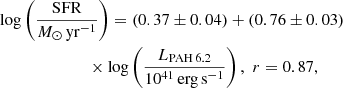 $$ \begin{aligned}&\log \left(\frac{\mathrm{SFR}}{{M}_{\odot }\,\mathrm{yr}^{-1}}\right)=(0.37 \pm 0.04)+(0.76 \pm 0.03)\nonumber \\&\qquad \qquad \qquad \quad \times \log \left(\frac{L_{\rm PAH\,6.2}}{10^{41}\,\mathrm{erg\,s}^{-1}}\right),\,\,r=0.87, \end{aligned} $$