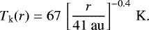 \begin{equation*} T_{\textrm{k}}(r) = 67 \, \left[ \frac{r}{41\ \textrm{au}} \right]^{-0.4} \, \textrm{K.}\end{equation*}