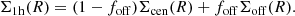 $$ \begin{aligned} \Sigma _{\rm 1h}(R) = (1-f_{\rm off})\Sigma _{\rm cen}(R)+f_{\rm off}\Sigma _{\rm off}(R). \end{aligned} $$
