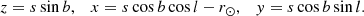 $$ \begin{aligned} z = s \sin b, \quad x = s \cos b \cos l - r_\odot , \quad { y} = s \cos b \sin l. \end{aligned} $$