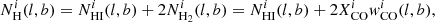 $$ \begin{aligned} N_{\rm H}^i(l,b) = N^i_{\rm HI}(l,b) + 2 N^i_{\mathrm{H}_2}(l,b) = N^i_{\rm HI}(l,b) + 2 X^i_{\rm CO} { w}^i_{\rm CO}(l,b), \end{aligned} $$