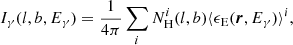 $$ \begin{aligned} I_\gamma (l,b,E_\gamma ) = \frac{1}{4\pi } \sum _i N_{\rm H}^i(l,b) \langle \epsilon _{\rm E}(\boldsymbol{r}, E_\gamma ) \rangle ^i, \end{aligned} $$