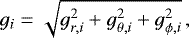 \begin{equation*}g_i = \sqrt{g_{r,i}^2+g_{\theta,i}^2+g_{\phi,i}^2}\,,\end{equation*}