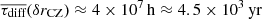 $ \overline{{\tau_{\text{diff}}}}(\delta r_{\mathrm{CZ}}) \approx 4 \times 10^{7}\,\mathrm{h} \approx 4.5 \times 10^{3}\,\mathrm{yr} $