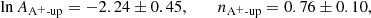 $$ \begin{aligned}&\ln A_{\mathrm{A}^{+}\text{-up}} = {-2.24}\pm 0.45,\, \qquad n_{\mathrm{A}^{+}\text{-up}} ={0.76}\pm 0.10, \end{aligned} $$