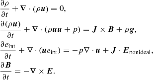 $$ \begin{aligned}&\frac{\partial \rho }{\partial t} + {\boldsymbol{\nabla }} \cdot \left(\rho {\boldsymbol{u}}\right) = 0, \nonumber \\&\frac{\partial (\rho {\boldsymbol{u}})}{\partial t} + {\boldsymbol{\nabla }}\cdot (\rho {\boldsymbol{u}} {\boldsymbol{u}} +p) = {\boldsymbol{J}}\times {\boldsymbol{B}} + \rho {\boldsymbol{g}}, \nonumber \\&\frac{\partial e_{\rm int}}{\partial t} + \nabla \cdot ({\boldsymbol{u}} e_{\rm int}) = -p \nabla \cdot {\boldsymbol{u}} + {\boldsymbol{J}} \cdot {\boldsymbol{E}}_{\rm nonideal}, \nonumber \\&\frac{\partial {\boldsymbol{B}}}{\partial t} = -{\boldsymbol{\nabla }}\times {\boldsymbol{E}}. \end{aligned} $$