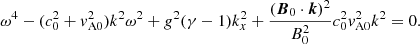 $$ \begin{aligned} \omega ^4 - (c_0^2 + v_{\rm A0}^2)k^2 \omega ^2 + g^2 (\gamma -1) k_x^2+\frac{({{\boldsymbol{B}}_0}\cdot {\boldsymbol{k}})^2}{B_0^2} c_0^2 v_{\rm A0}^2 k^2=0. \end{aligned} $$