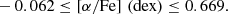 $$ \begin{aligned}&-0.062 \le [\alpha /\mathrm{Fe}]\,\,(\mathrm{dex}) \le 0.669. \end{aligned} $$