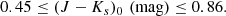 $$ \begin{aligned} 0.45 \le {(J-K_{s})_{0}} \,\, (\mathrm{mag}) \le 0.86. \end{aligned} $$