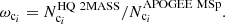 $$ \begin{aligned} \omega _{\mathrm{c}_{{i}}} = {N}^{\mathrm{HQ\,\,2MASS}}_{\mathrm{c}_{{i}}}/{N}^{\mathrm{APOGEE\,\,MSp}}_{\mathrm{c}_{{i}}}. \end{aligned} $$
