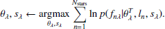 $$ \begin{aligned} \theta _{\lambda }, s_{\lambda } \leftarrow \underset{\theta _{\lambda }, s_{\lambda }}{\mathrm{argmax}} \sum _{n = 1}^{{N}_{\mathrm{stars}}} \ln p(f_{n\lambda } | \theta _{\lambda }^{T}, l_{n},s_{\lambda }). \end{aligned} $$