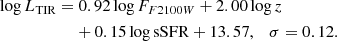 $$ \begin{aligned}&\log L_{\rm TIR} = 0.92 \log F_{F2100W}+2.00 \log z \nonumber \\&\qquad \qquad \qquad +0.15 \log \mathrm{sSFR}+ 13.57, \quad \sigma =0.12. \end{aligned} $$