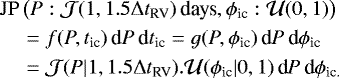 \begin{align*} & \mathrm{JP}\left(P: \mathcal{J}(1, 1.5 \Delta{t}_{\textrm{RV}})\,\textrm{days}, \phi_{\textrm{ic}}: \mathcal{U}(0, 1)\right) \\ & \quad = f(P, t_{\textrm{ic}})\,\textrm{d}P\,\textrm{d}t_{\textrm{ic}} = g(P, \phi_{\textrm{ic}})\,\textrm{d}P\,\textrm{d}\phi_{\textrm{ic}} \\ & \quad = \mathcal{J}(P | 1, 1.5 \Delta{t}_{\textrm{RV}}). \mathcal{U}(\phi_{\textrm{ic}} | 0, 1) \,\textrm{d}P\,\textrm{d}\phi_{\textrm{ic}.} \end{align*}